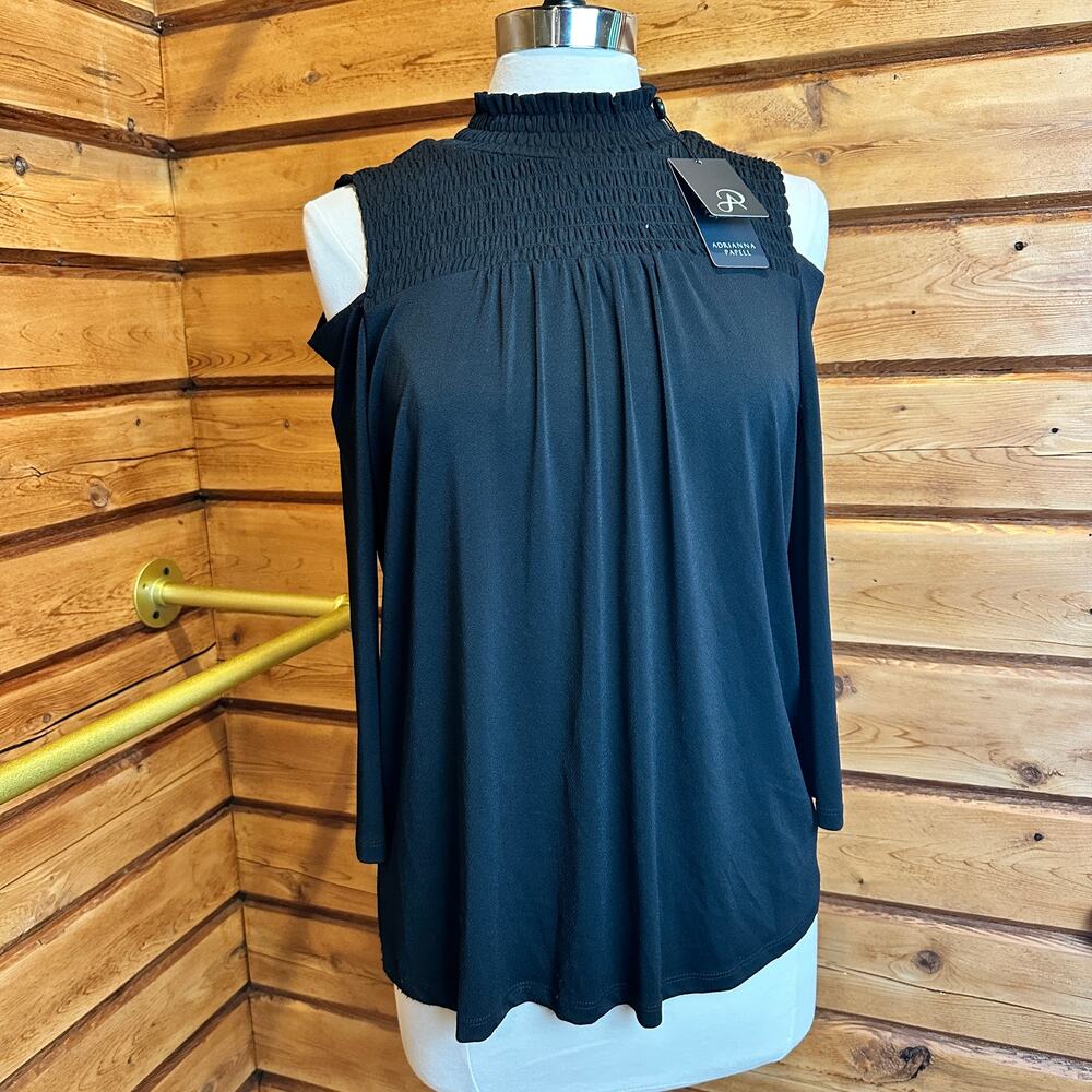 Adrianna Papell NWT Black Cold Shoulder Smocked Mock Neck Blouse Size M
